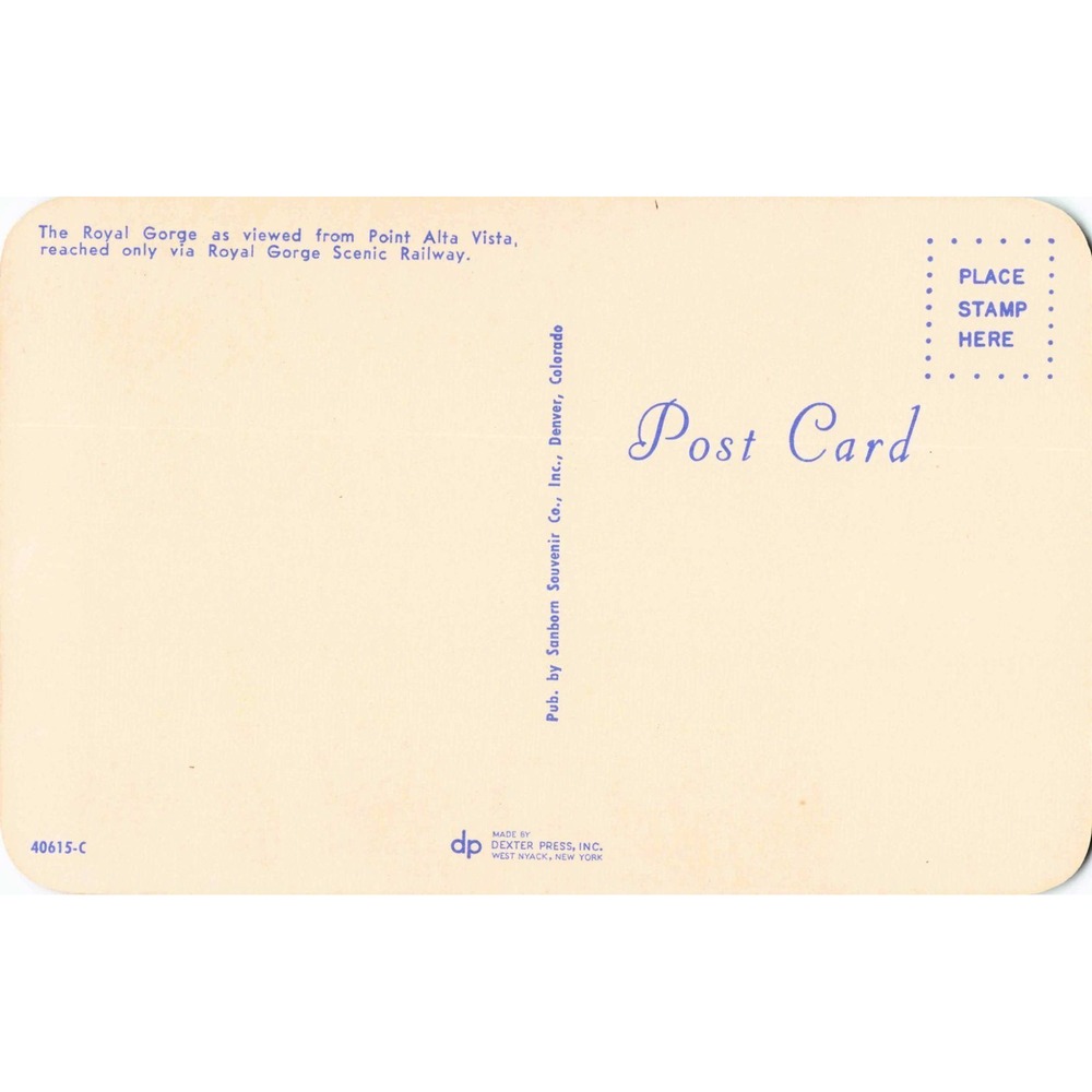 Vintage Royal Gorge Scenic Railway Postcard Point Alta Vista Colorado Dexter - Picture 2 of 2